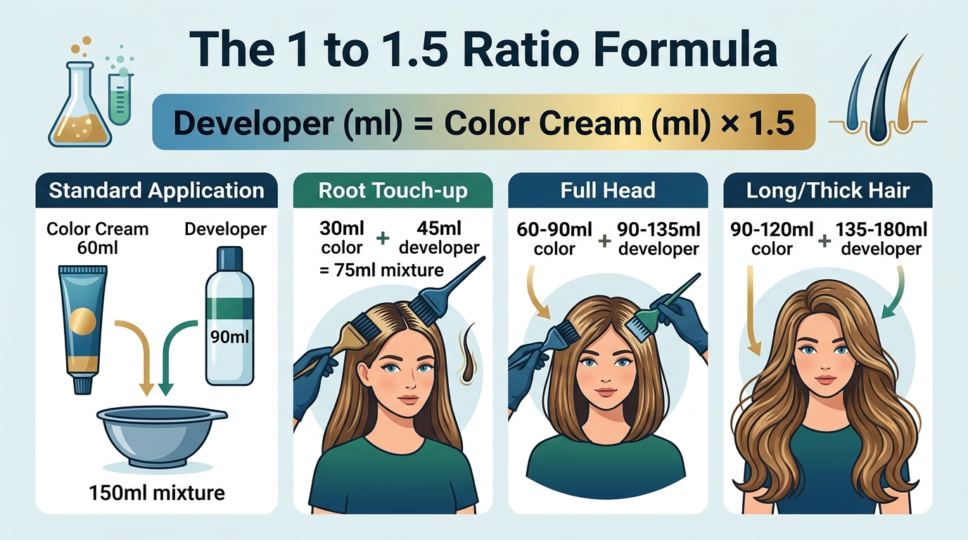 1 to 1.5 ratio hair color mixing formulas and developer volumes