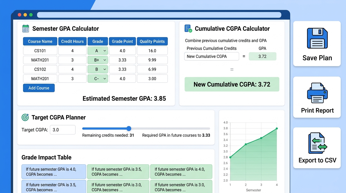 Calculator estimates GPA and CGPA for student academic planning