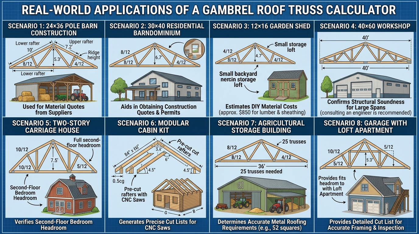 Gambrel roof truss calculator scenarios for barn shed workshop and residential construction