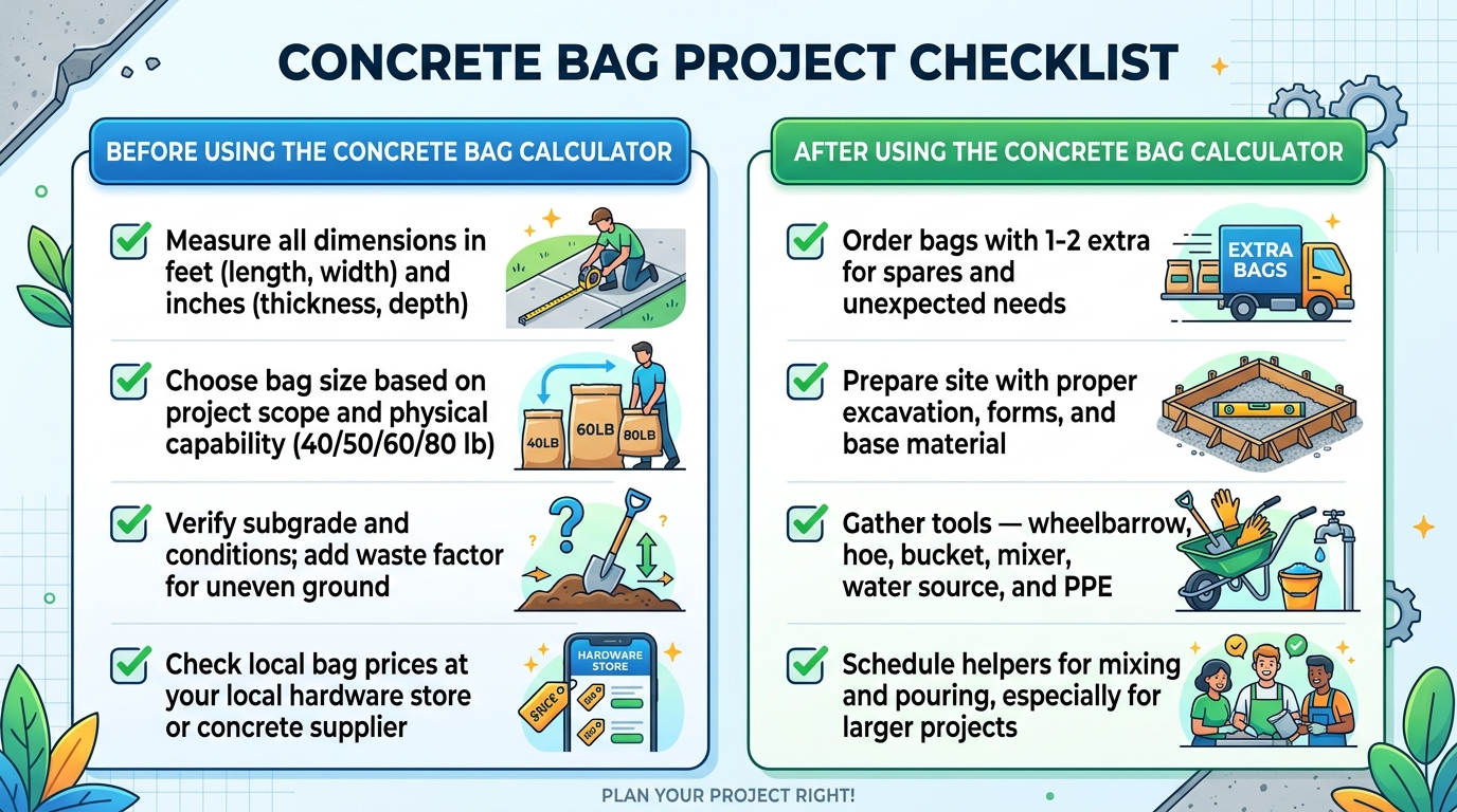 Concrete bag calculator preparation checklist for DIY projects and small pours