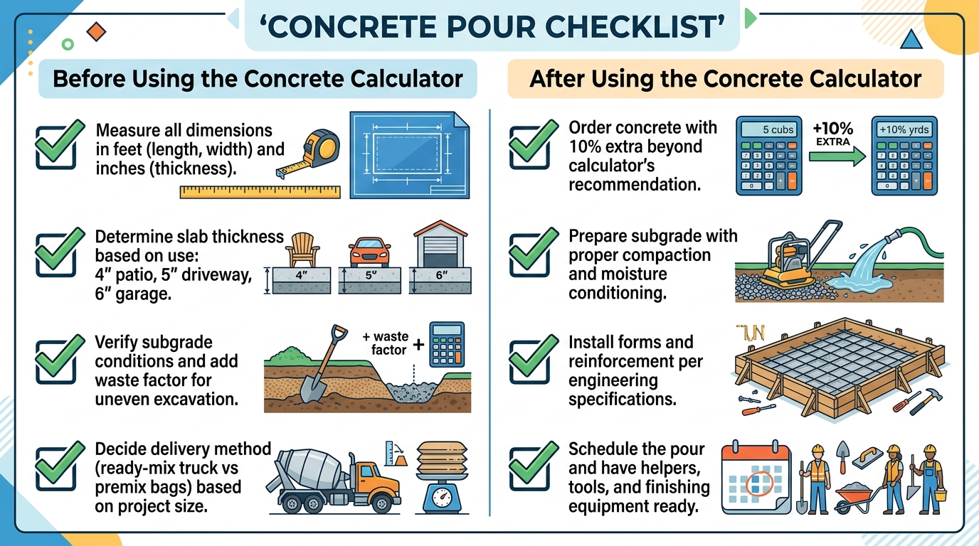 Concrete calculator preparation checklist for contractors and DIY homeowners
