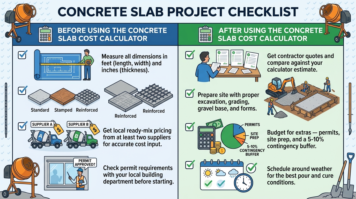 Concrete slab cost calculator preparation checklist for DIY and contractor projects