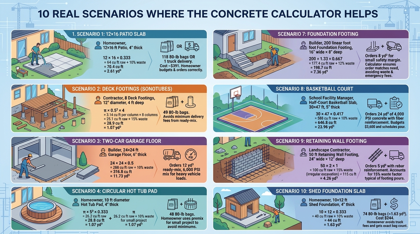 Concrete calculator scenarios for patio driveway garage and foundation projects