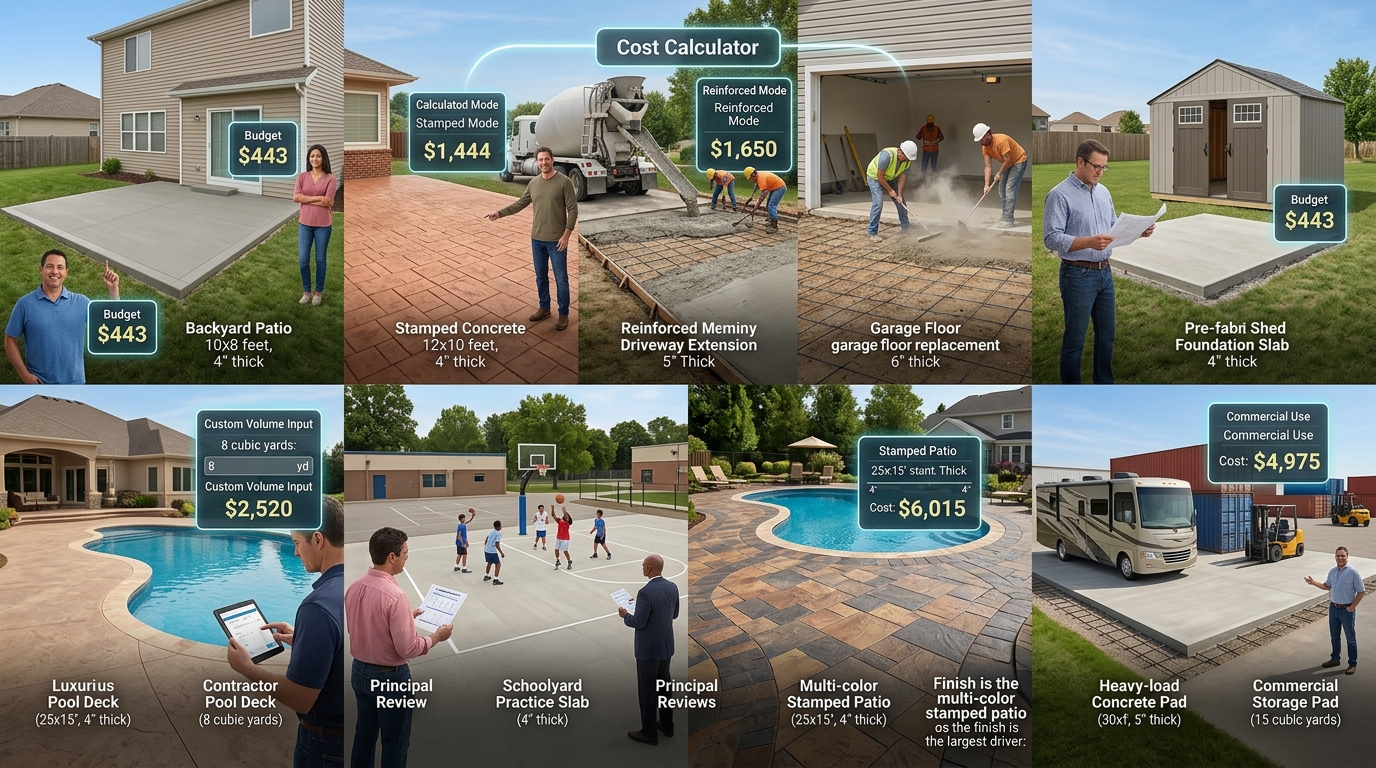 Concrete slab cost calculator scenarios for patios driveways and reinforced slabs