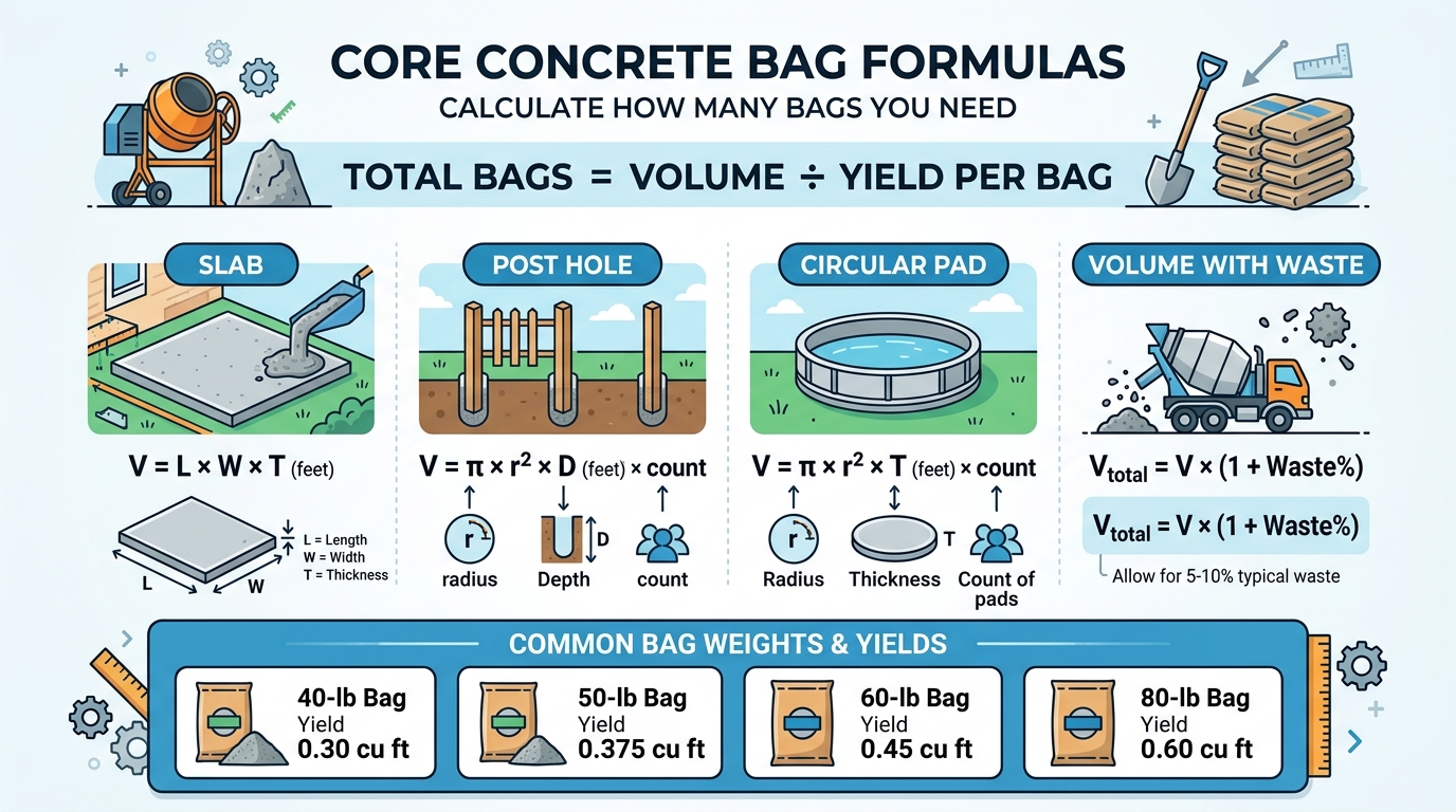 Concrete bag calculator formulas for 40-lb 60-lb 80-lb bag yields and project volumes