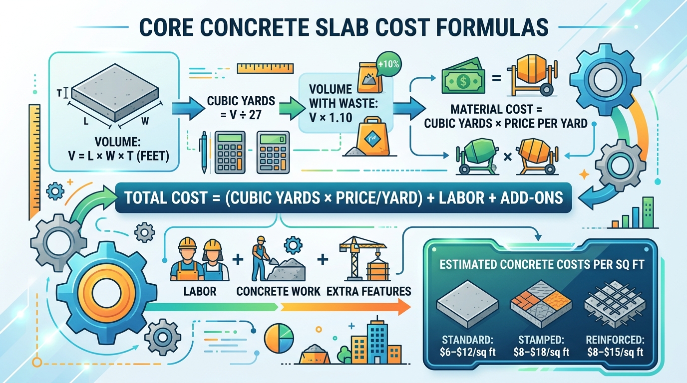 Concrete slab cost calculator formulas for standard stamped and reinforced slab pricing
