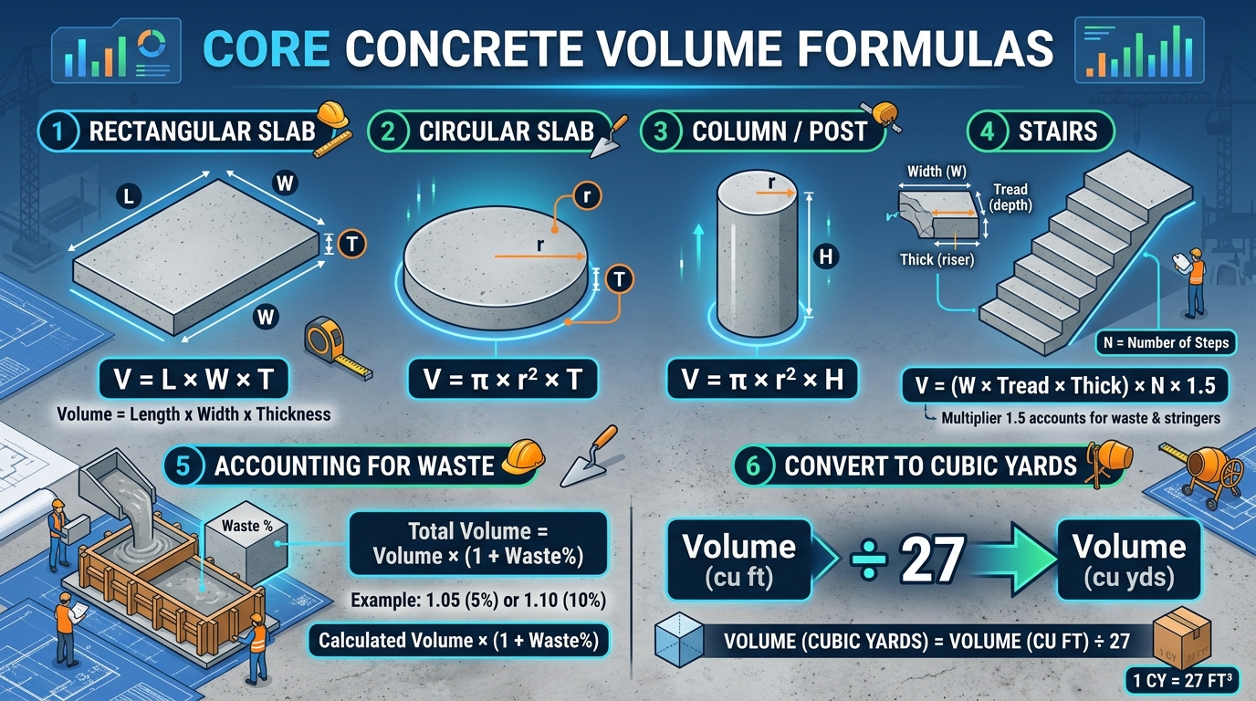 Concrete calculator formulas for slab volume column and bag calculations