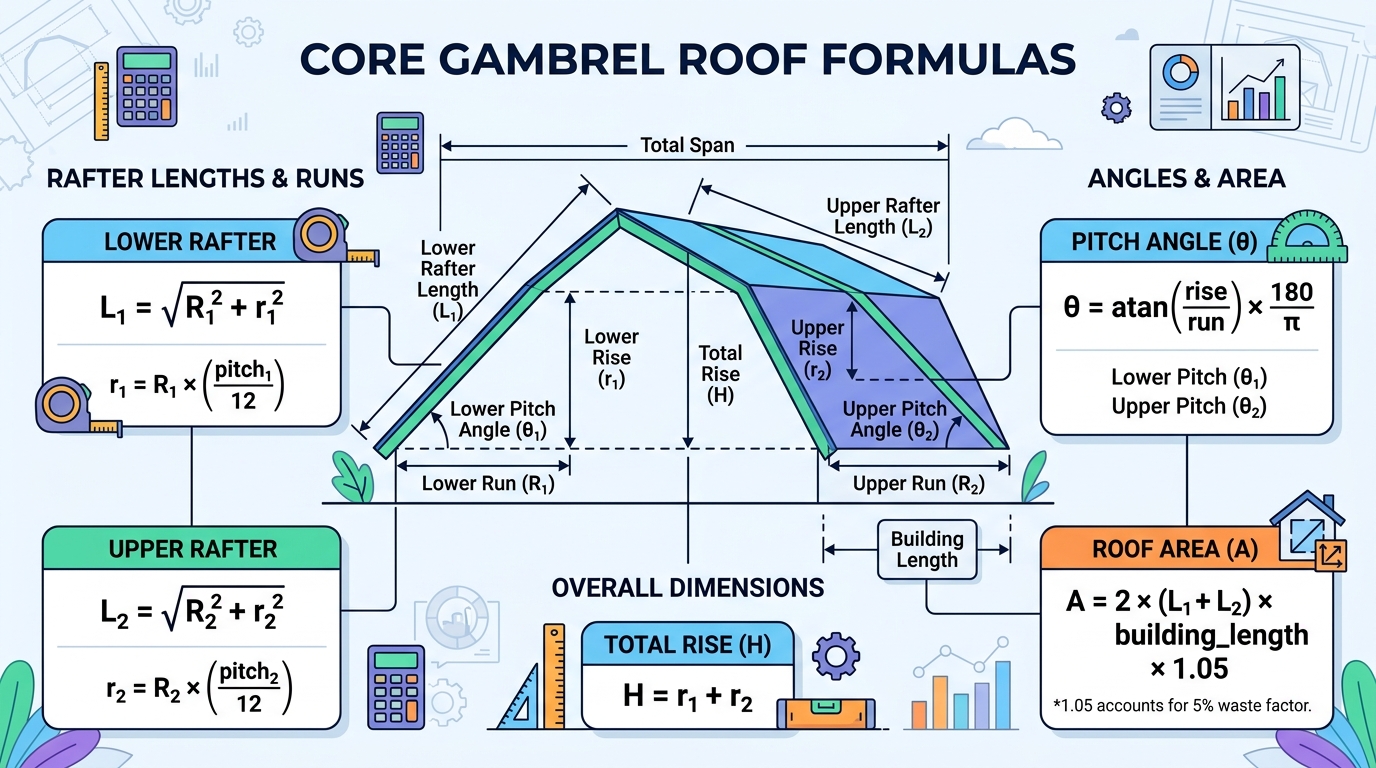 Gambrel roof truss calculator formulas for rafter length pitch angle and ridge