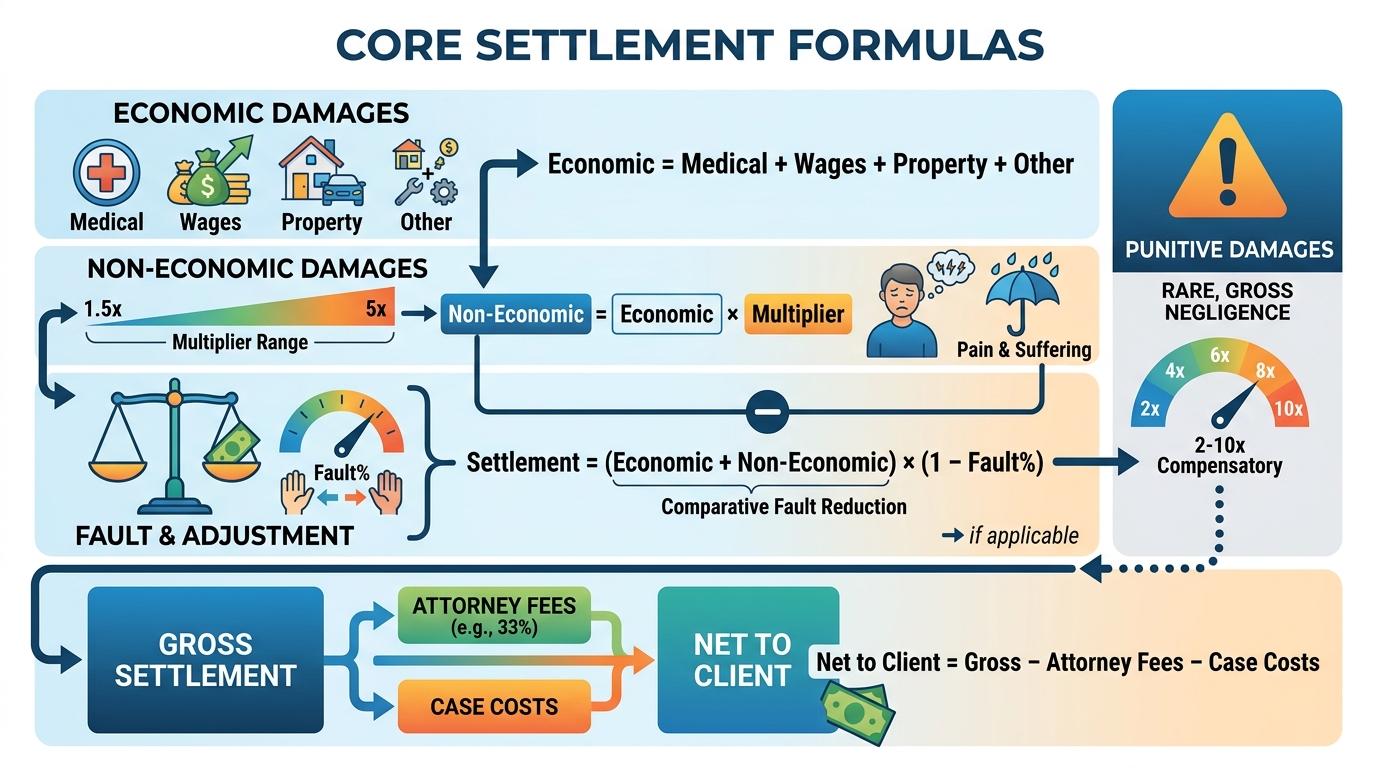 How are settlements calculated formulas for multiplier method comparative negligence and case types