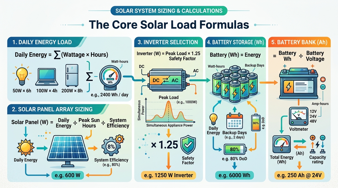 Solar Load Calculator formulas for panel inverter and battery sizing