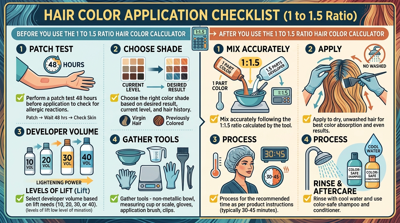 1 to 1.5 ratio hair color calculator preparation and application checklist