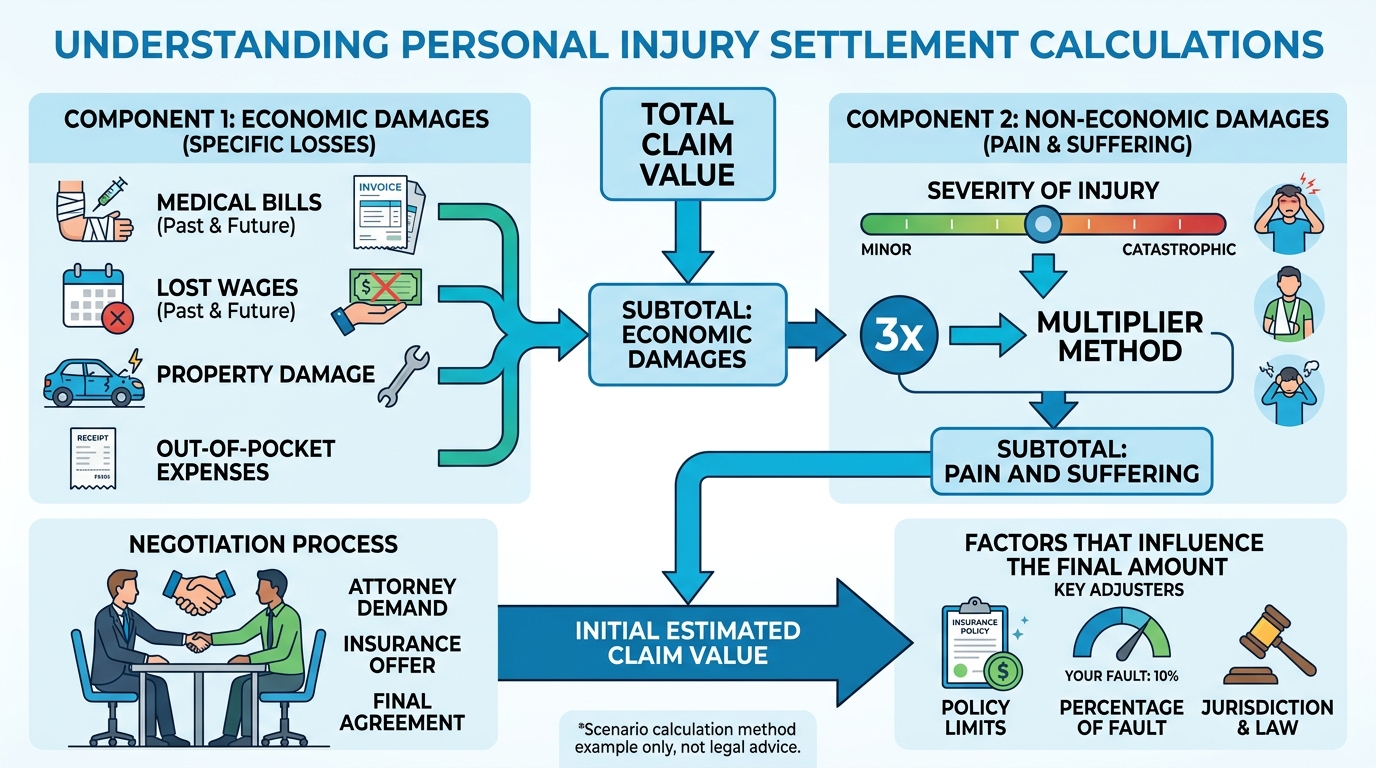 How are settlements calculated scenarios for car accident slip and fall and personal injury cases