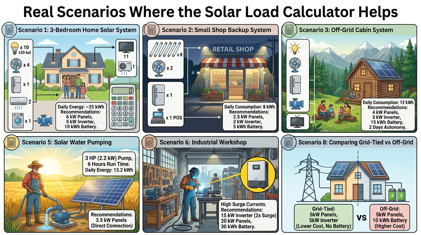 Solar Load Calculator scenarios for home shop office and industrial solar systems